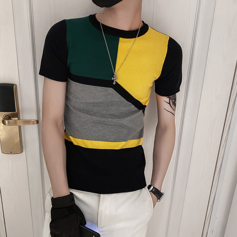黑色2021精神小伙修身男式针织短袖T恤社会tee T219-P48控68图片