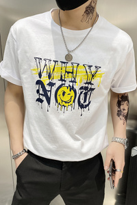 白色2021店主风精神小伙修身男式印花短袖T恤社会t T054-P45控69图片