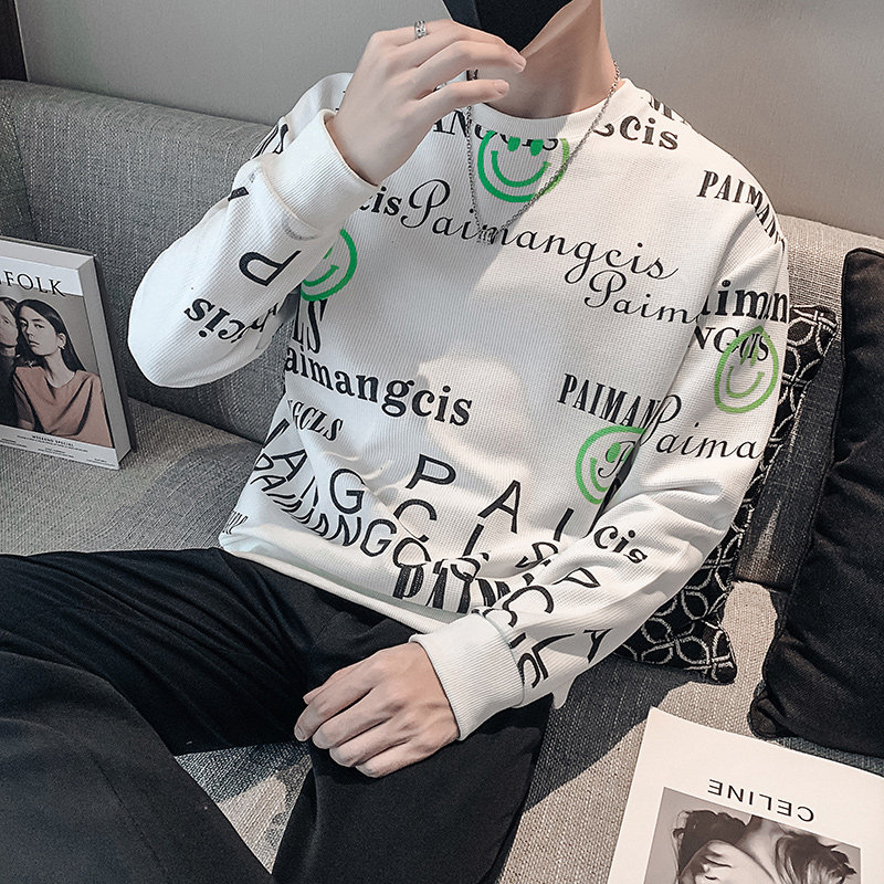 白色2023秋装社会小伙修身印花圆领卫衣男潮W6002-P55 控价78图片