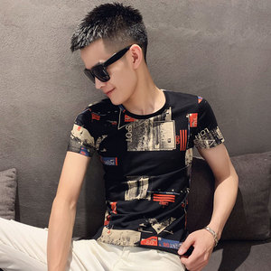 黑色 2020精神小伙修身男士印花短袖T恤社会tee T234-P38控58图片