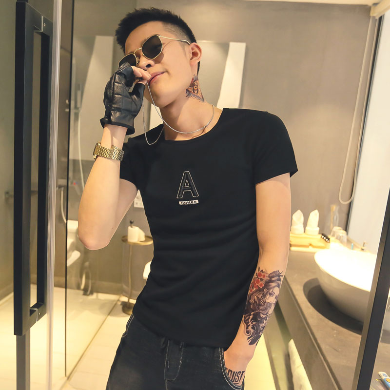黑色 2020精神小伙修身男式针织短袖T恤社会tee T168-P38控58图片