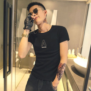 黑色 2020精神小伙修身男式针织短袖T恤社会tee T168-P38控58图片