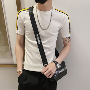 白色2021精神小伙修身男式针织短袖T恤 社会tee T155-P50控68图片