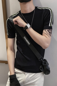 白色2021精神小伙修身男式针织短袖T恤 社会tee T155-P50控68图片