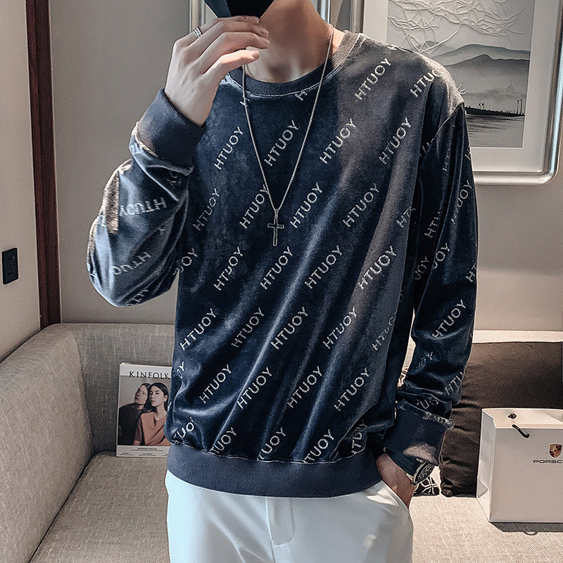 蓝色2023秋装社会小伙修身印花圆领卫衣男潮W6006-P48控价68,男装卫衣,电商A108
