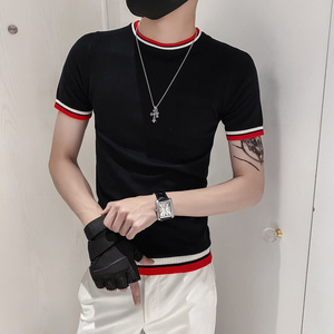 黑色2021精神小伙修身男式针织短袖T恤社会tee T217-P48控68图片