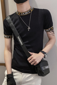 黄色2021精神小伙修身男式针织短袖T恤 社会tee T156-P50控68图片