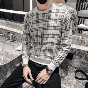 白色2023秋装社会小伙修身格子圆领卫衣男潮W055-P48 控价68图片