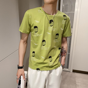 绿色2021店主风精神小伙修身男式印花短袖T恤社会t T058-P38控58图片
