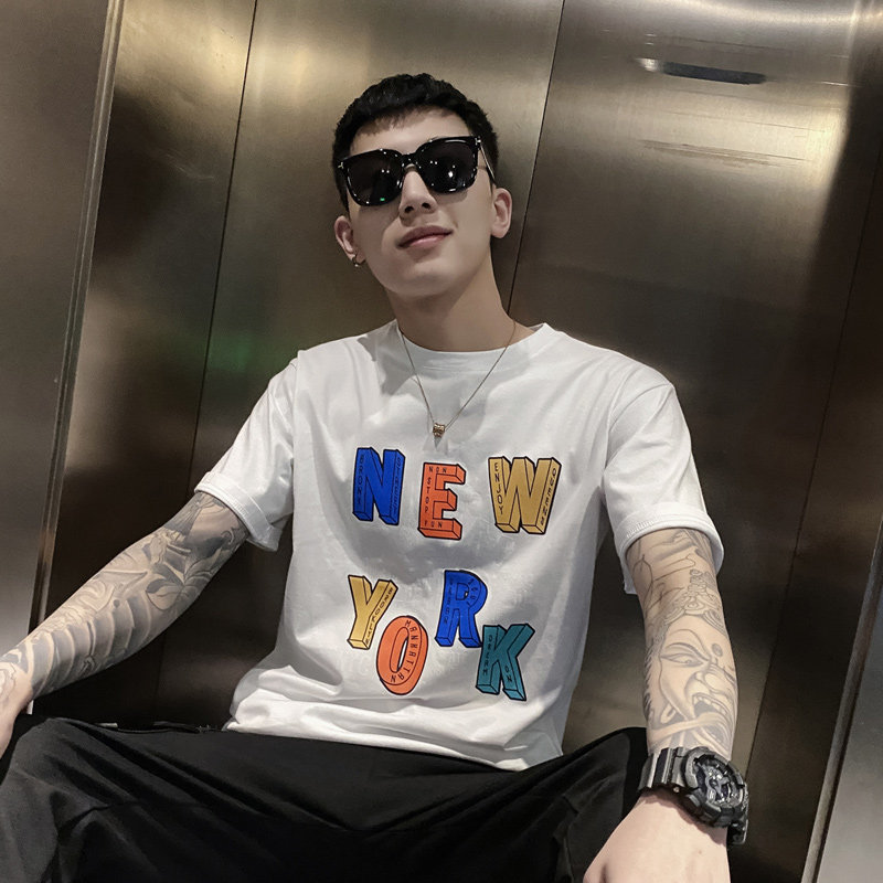 白色2021精神小伙修身男式印花短袖T恤社会tee T053-P45控69图片