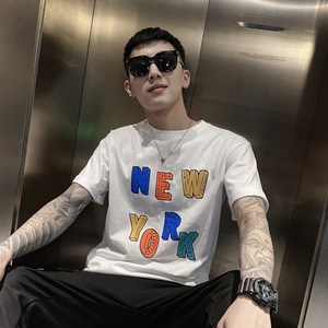 白色2021精神小伙修身男式印花短袖T恤社会tee T053-P45控69图片