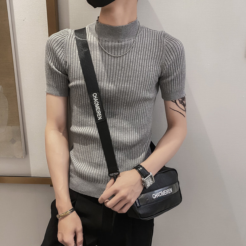 灰色2021精神小伙修身男式针织短袖T恤 社会tee T184-P50控68图片