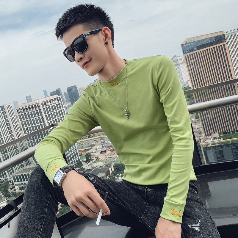 绿色 2021精神小伙修身男式绣花圆领长袖T恤 T033-P45 控59图片