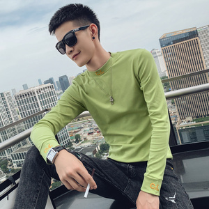 绿色 2021精神小伙修身男式绣花圆领长袖T恤 T033-P45 控59图片