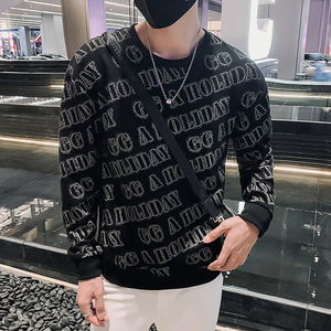 黑色2023秋装社会小伙修身印花圆领卫衣男潮W6001-P55 控价78图片