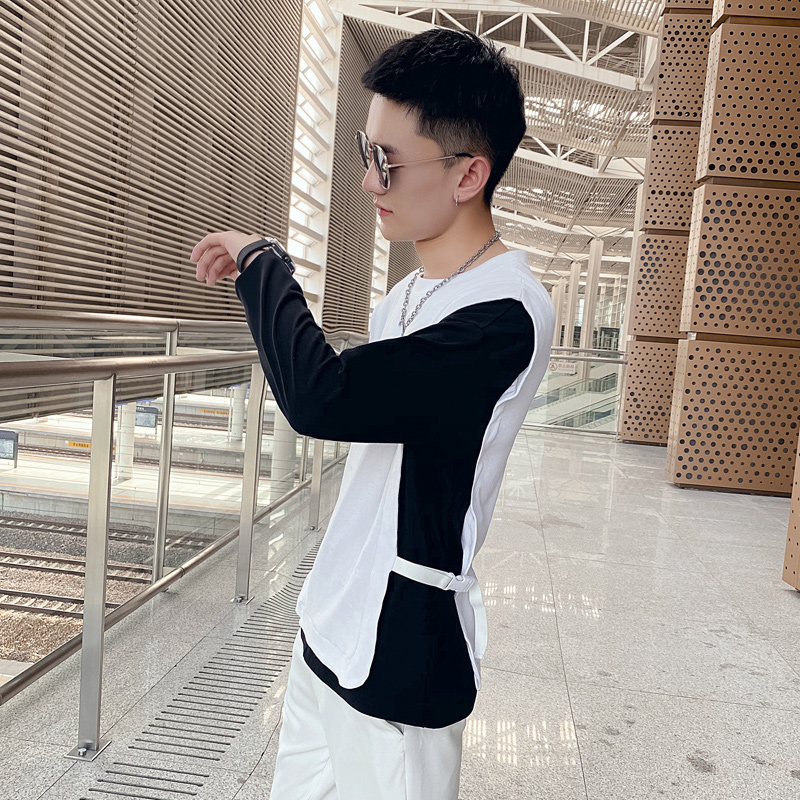 白色2023秋装社会小伙修身圆领假两件卫衣男潮W064-P78 控价108图片