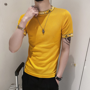 黄色2021精神小伙修身男式针织短袖T恤 社会tee T156-P50控68图片