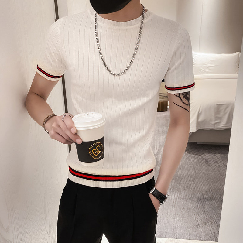 白色2021精神小伙修身男式针织短袖T恤社会tee T215-P48控68图片