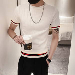 白色2021精神小伙修身男式针织短袖T恤社会tee T215-P48控68图片