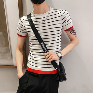 白色2021精神小伙修身男式针织短袖T恤 社会tee T157-P50控68图片
