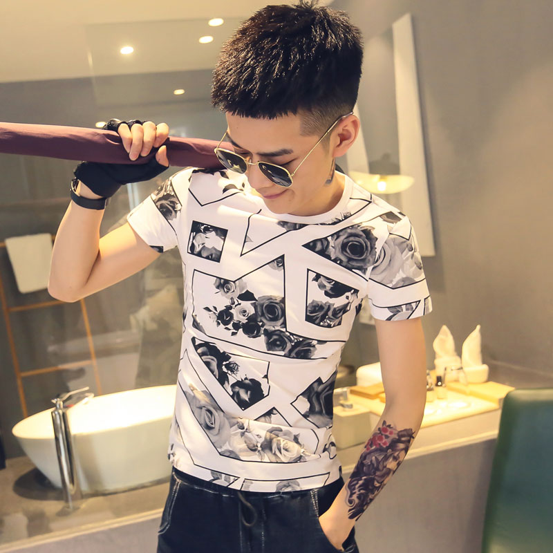 白色2020精神小伙修身男式针织短袖T恤社会teeT165-P38控58，男装T恤，电商A108