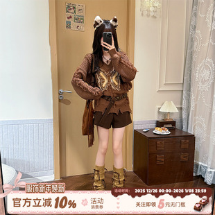 慵懒风棕咖色V领毛衣女秋冬美拉德贴布针织衫 织物猪 蝴蝶可颂