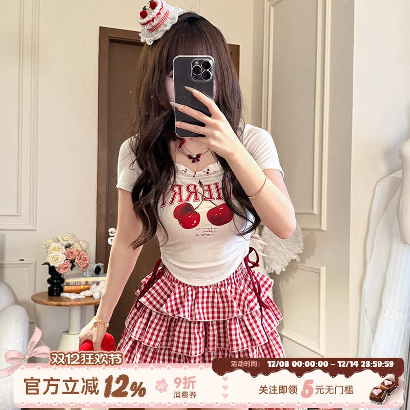 樱桃印花假两件短袖T恤少女感