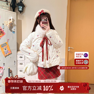 织物猪 樱桃酪酪 甜美风白色毛领棉服女冬季新年氛围短款棉衣外套