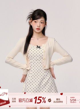 织物猪 波波奶茶 波点吊带连衣裙套装女夏季独特绝美漂亮短裙子