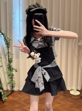 织物猪 森林小玛 少女感黑色牛仔连衣裙女夏小个子可爱减龄背带裙