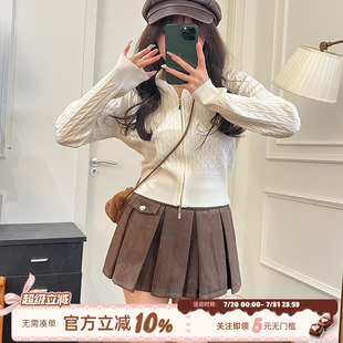韩系学妹 连帽上衣女早春新款 织物猪 杏色针织衫 外套 拉链短款 开衫