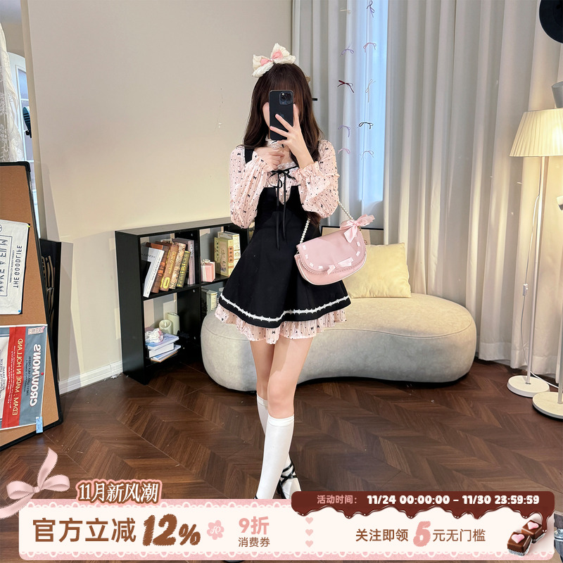 甜美风假两件拼接连衣裙女