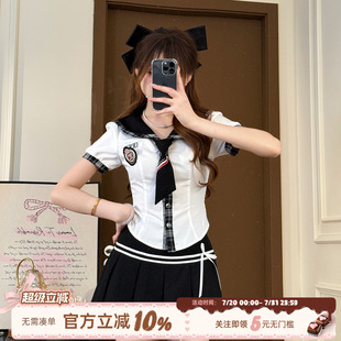 女a字百褶短裙子两件套 织物猪 斯图尔学院 海军领jk制服衬衫 套装