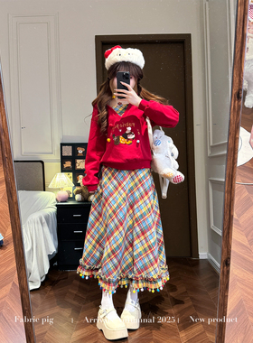 织物猪 黄油奶咖 甜美风V领连帽卫衣女新年穿搭红色宽松长袖外套