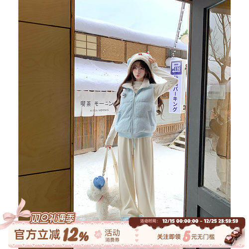 甜美风两面穿蓝色马甲棉服女冬