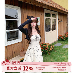 甜美风收腰长裙子 黑白爱心碎花吊带连衣裙女夏季 织物猪 香草奶盖