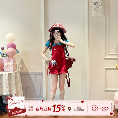 甜酷红色背带裤女夏季