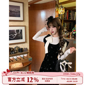 烫钻黑色长裙 甜美千金风假两件丝绒连衣裙女冬季 织物猪 月光晚宴