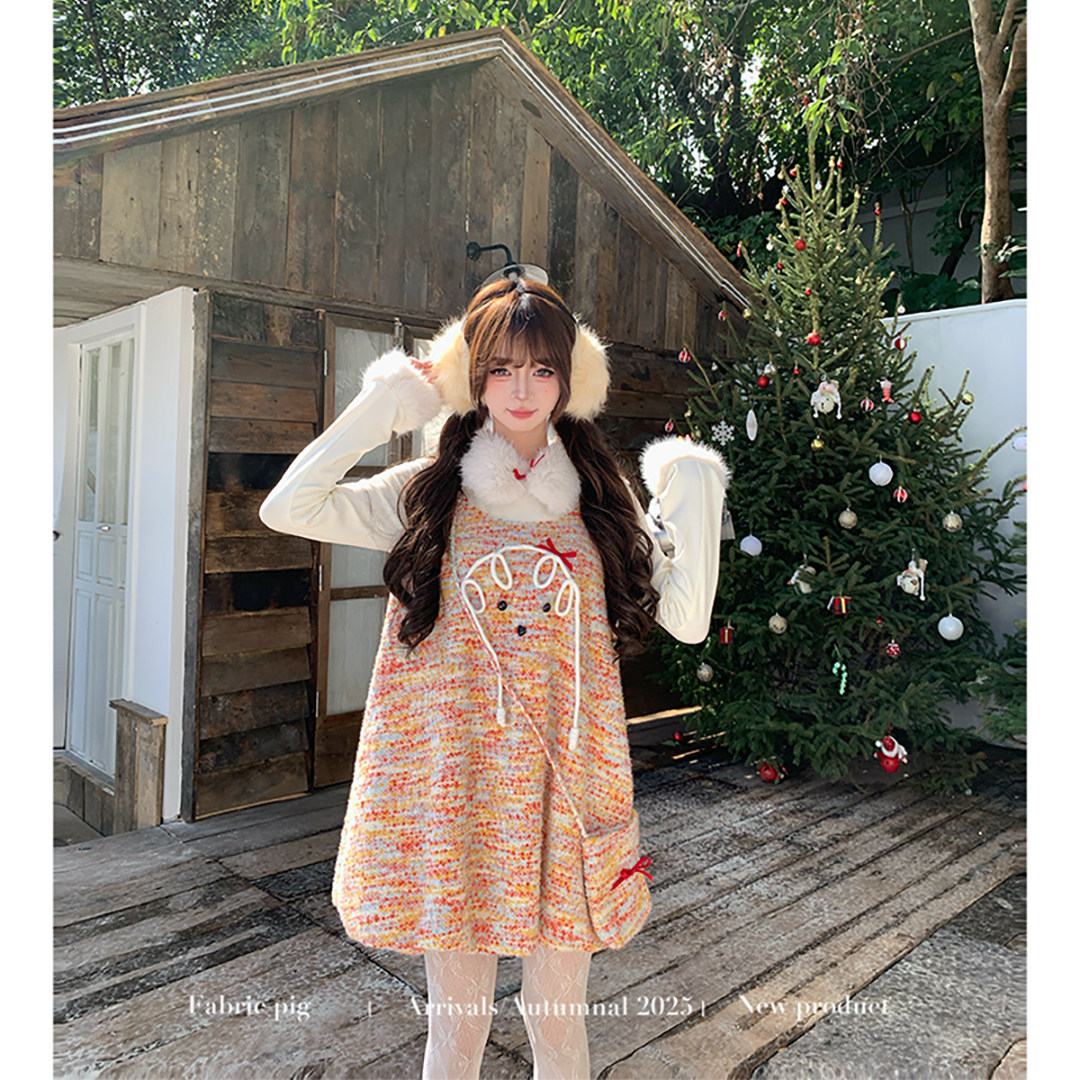 织物猪 橙C少女 甜美风假两件毛呢连衣裙女早春减龄可爱花苞短裙