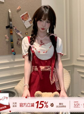 织物猪 红莓杏语 甜美少女风红色连体裤女夏可爱减龄背带裤短裤子
