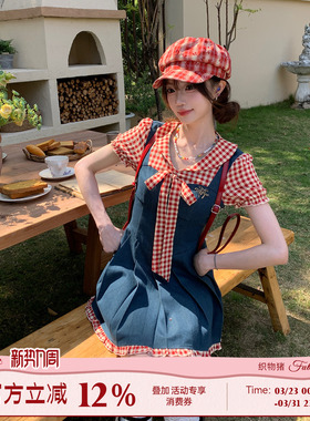 织物猪 树莓果酱 甜美风红色格子连衣裙女春夏泡泡袖可爱减龄短裙