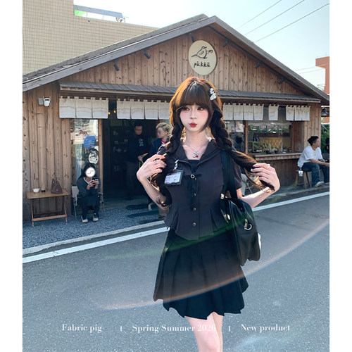 收腰显瘦JK制服百褶裙织物猪原创