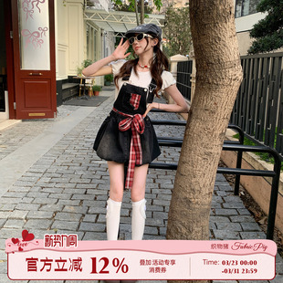 织物猪 反叛甜心 甜酷风牛仔背带裙女小个子黑色减龄花苞连衣短裙