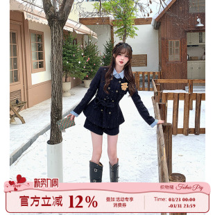 女秋冬藏蓝色夹棉长袖 韩系学院小香风套装 外套 酷熊赫本 织物猪