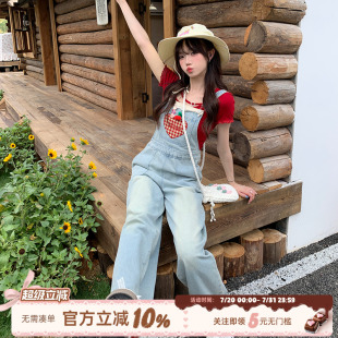 織物豬 甜酷風牛仔背帶褲 女夏愛心貼布減齡連體闊腿長褲 夏日甜莓