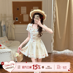 织物猪 夏日晚晴 甜美风刺绣娃娃领连衣裙女夏小个子减龄可爱短裙