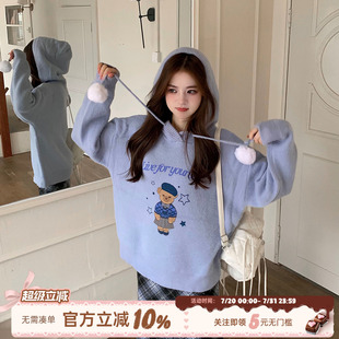 织物猪 上衣 小熊乐园 雾霾蓝连帽毛衣女宽松慵懒风学院感针织衫