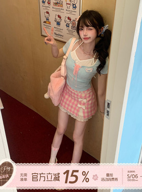 织物猪 桃桃曼波 蓝粉穿搭多巴胺短裙女甜妹夏日绝美半身小裙子
