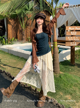 织物猪 旷野森林 废土度假风蕾丝半身裙女夏季不规则小个子中长裙