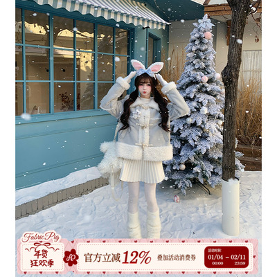 复古甜美风蓝色麂皮短外套女冬季